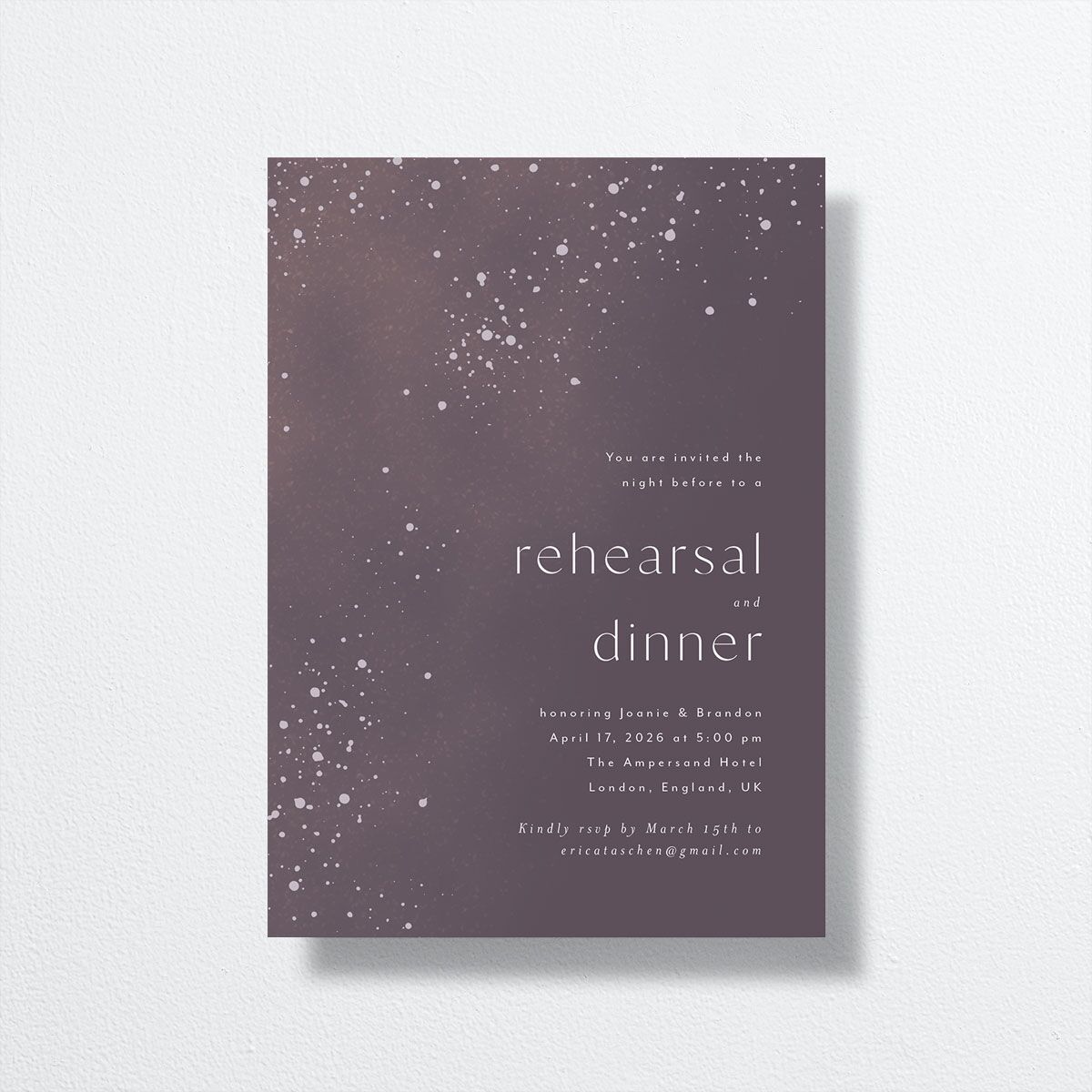 Shimmer Dust Rehearsal Dinner Invitations front in purple