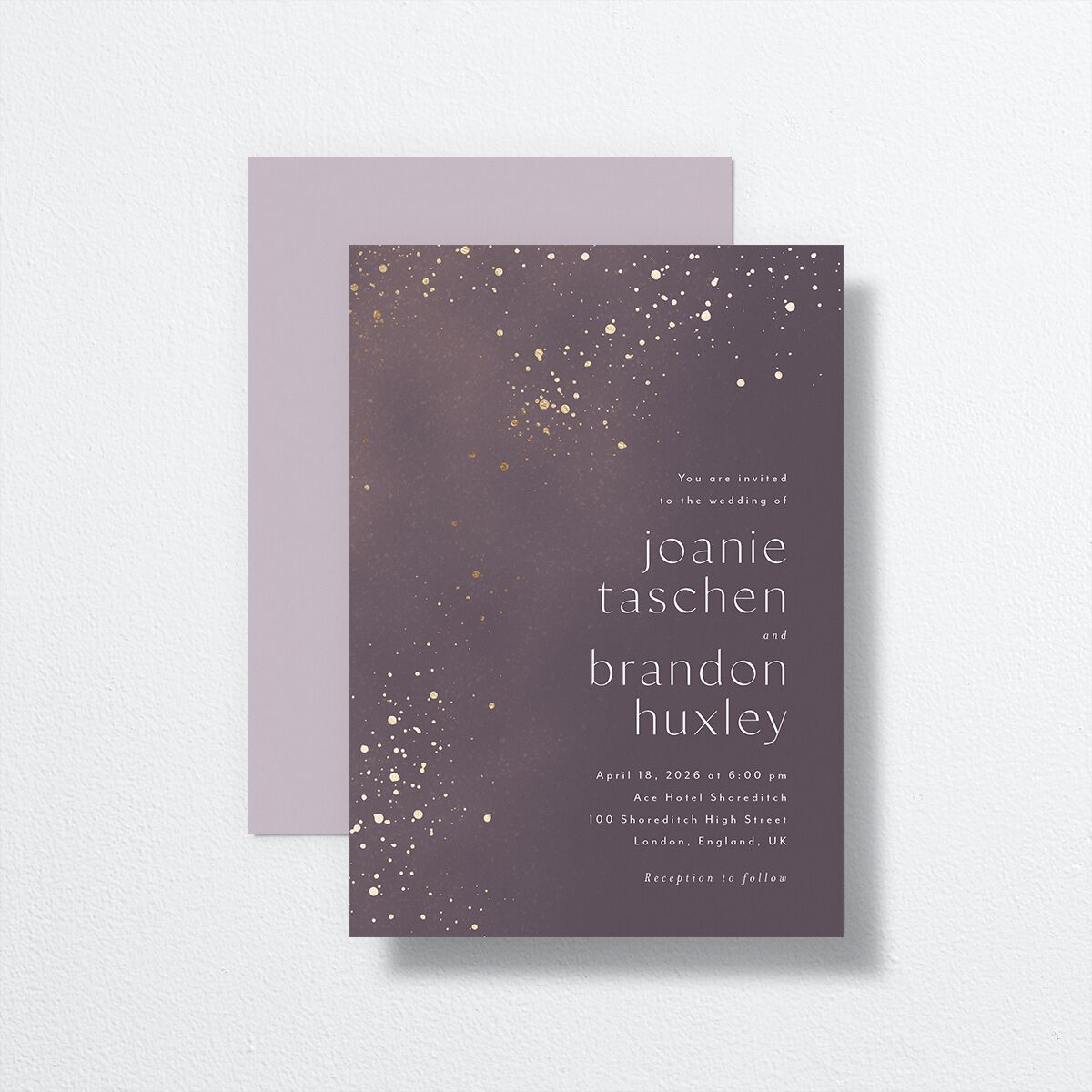 Shimmer Dust Wedding Invitations front-and-back in purple