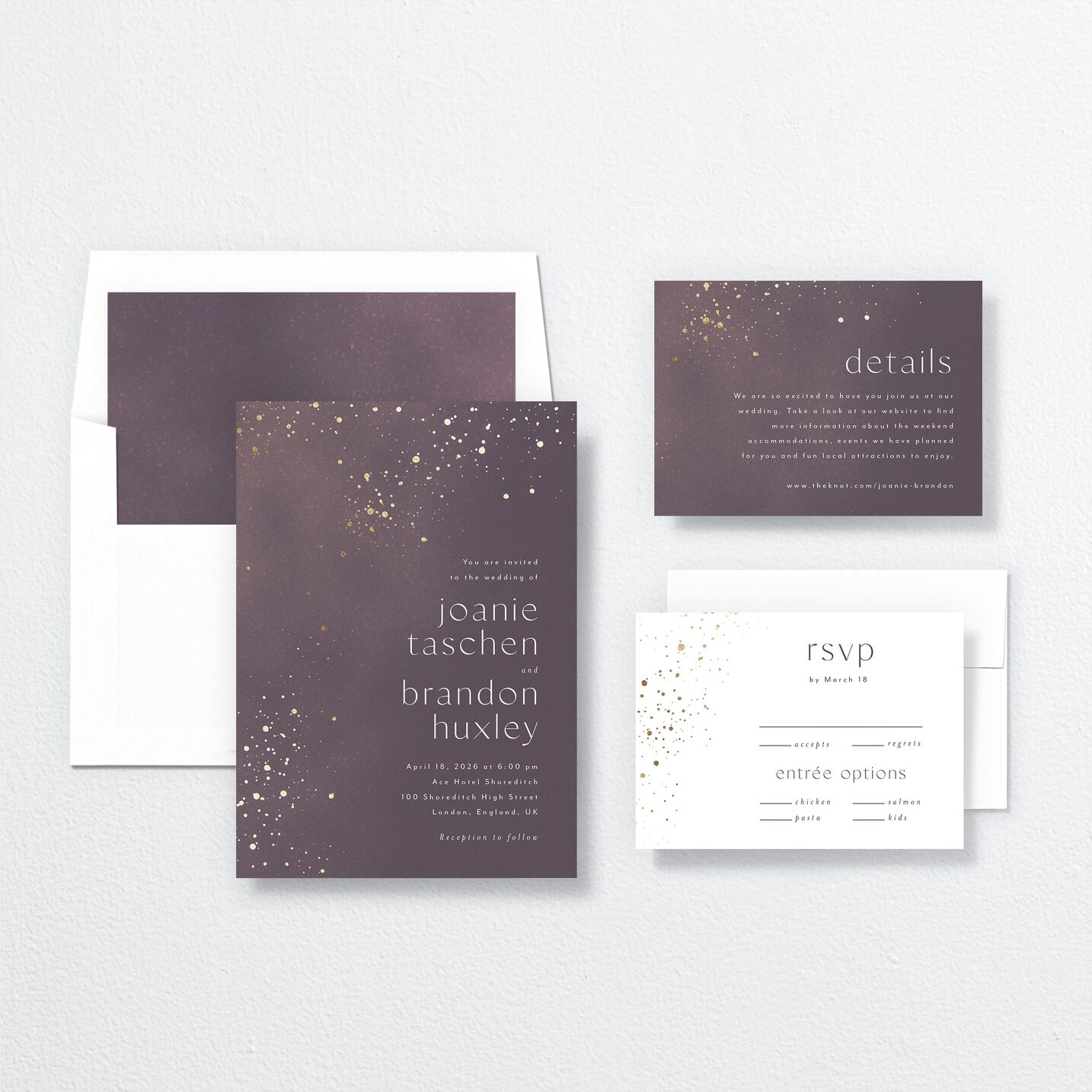 Shimmer Dust Wedding Invitations suite in purple