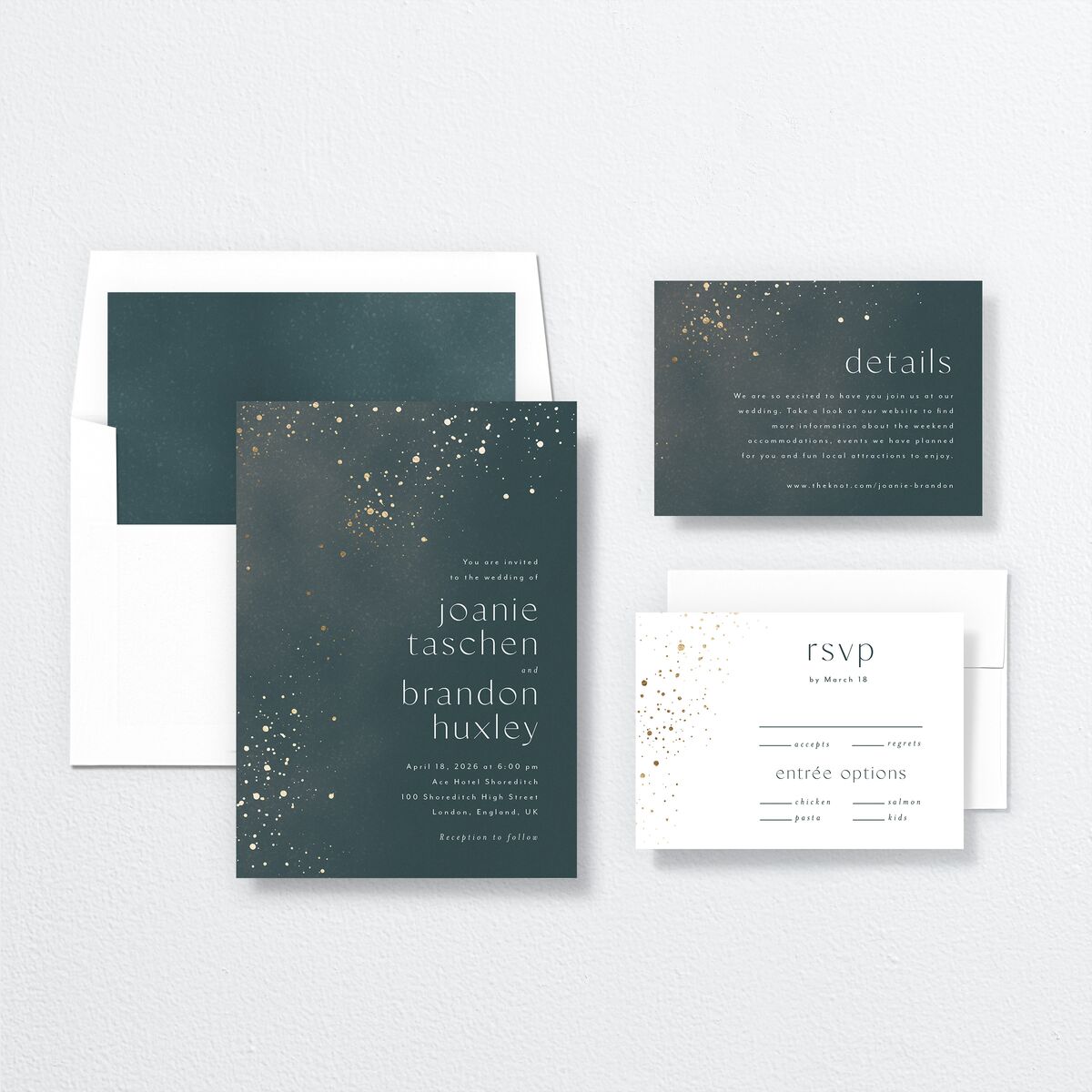 Shimmer Dust Wedding Invitations Gold Dark Emerald Signature No
