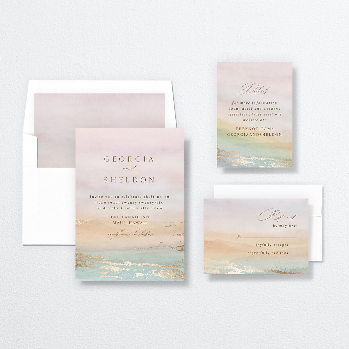 Ethereal Sunset Wedding Invitations Gold Peach Fuzz Signature No
