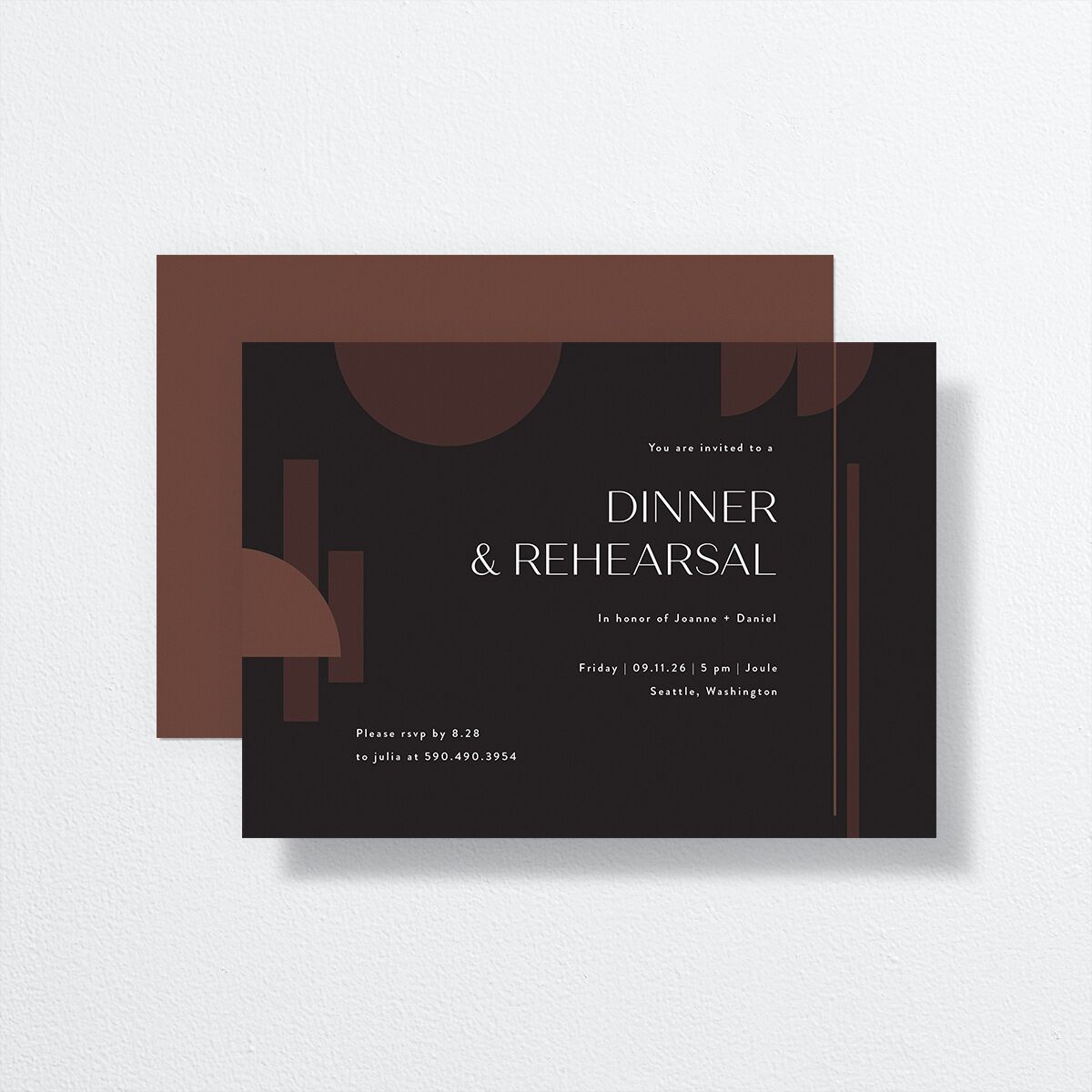Neo Accent Rehearsal Dinner Invitations front-and-back in brown