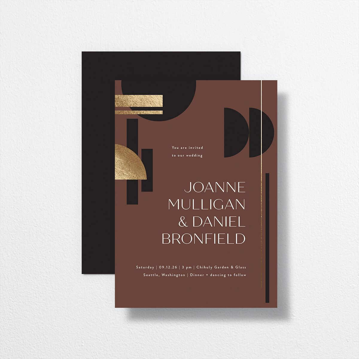 Neo Accent Wedding Invitations front-and-back in brown