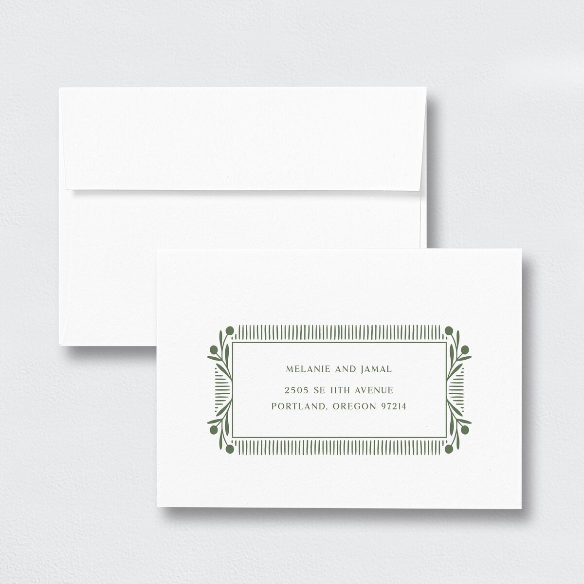 Woven Frame Wedding Response Card Standard Envelopes White Deep Olive Return Address Signature Standard