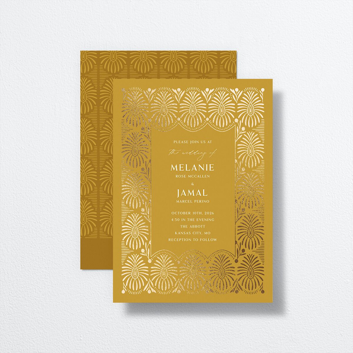 Woven Frame Wedding Invitations front-and-back in yellow