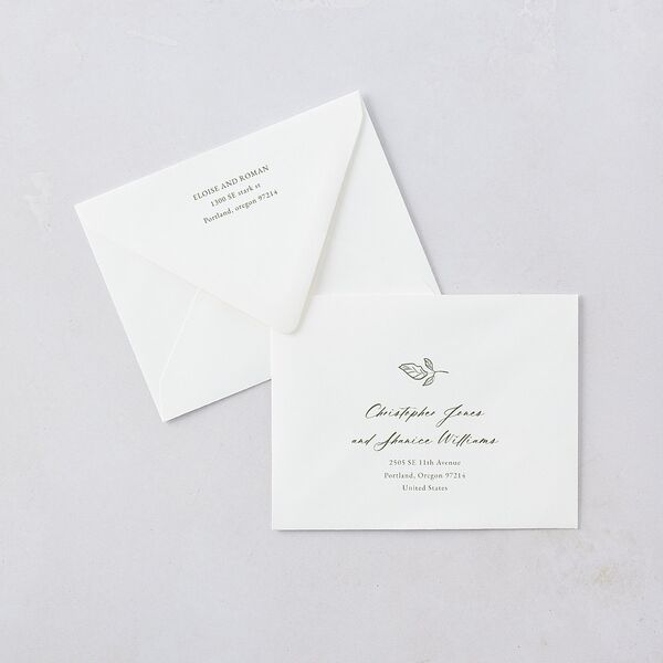 Vintage Botanical Sketch Save the Date Petite Card Euro Envelopes White Dark Camo Both Recipient and Return Addresses Luxe Signature