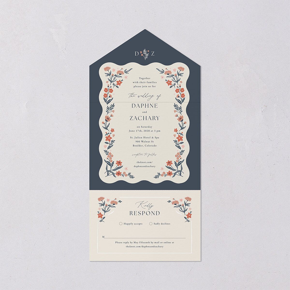 Flora Garden Border All-in-One Wedding Invitations Moody Blue Signature Light Both Recipient and Return Addresses No