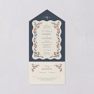 Flora Garden Border All-in-One Wedding Invitations Moody Blue Signature Light Both Recipient and Return Addresses No