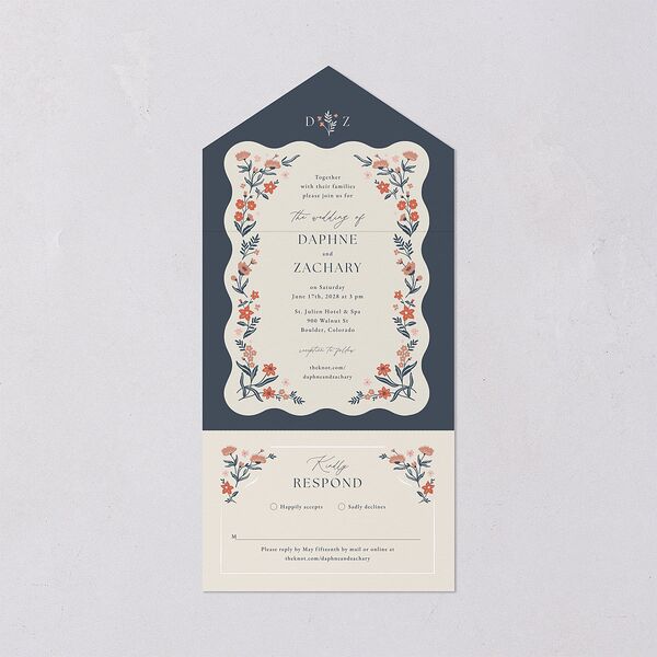 Flora Garden Border All-in-One Wedding Invitations Moody Blue Signature Light Both Recipient and Return Addresses No