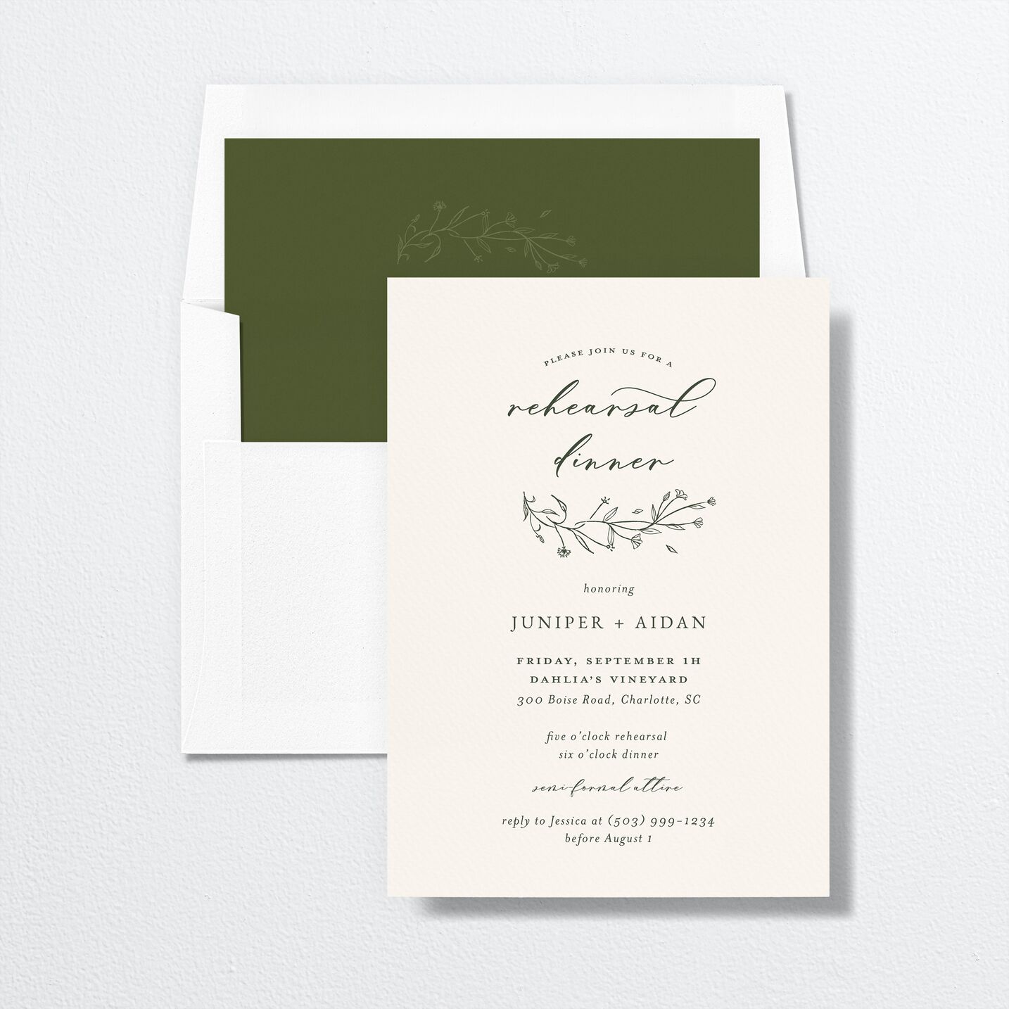 Gilded Monogram Rehearsal Dinner Invitations envelope-and-liner in green