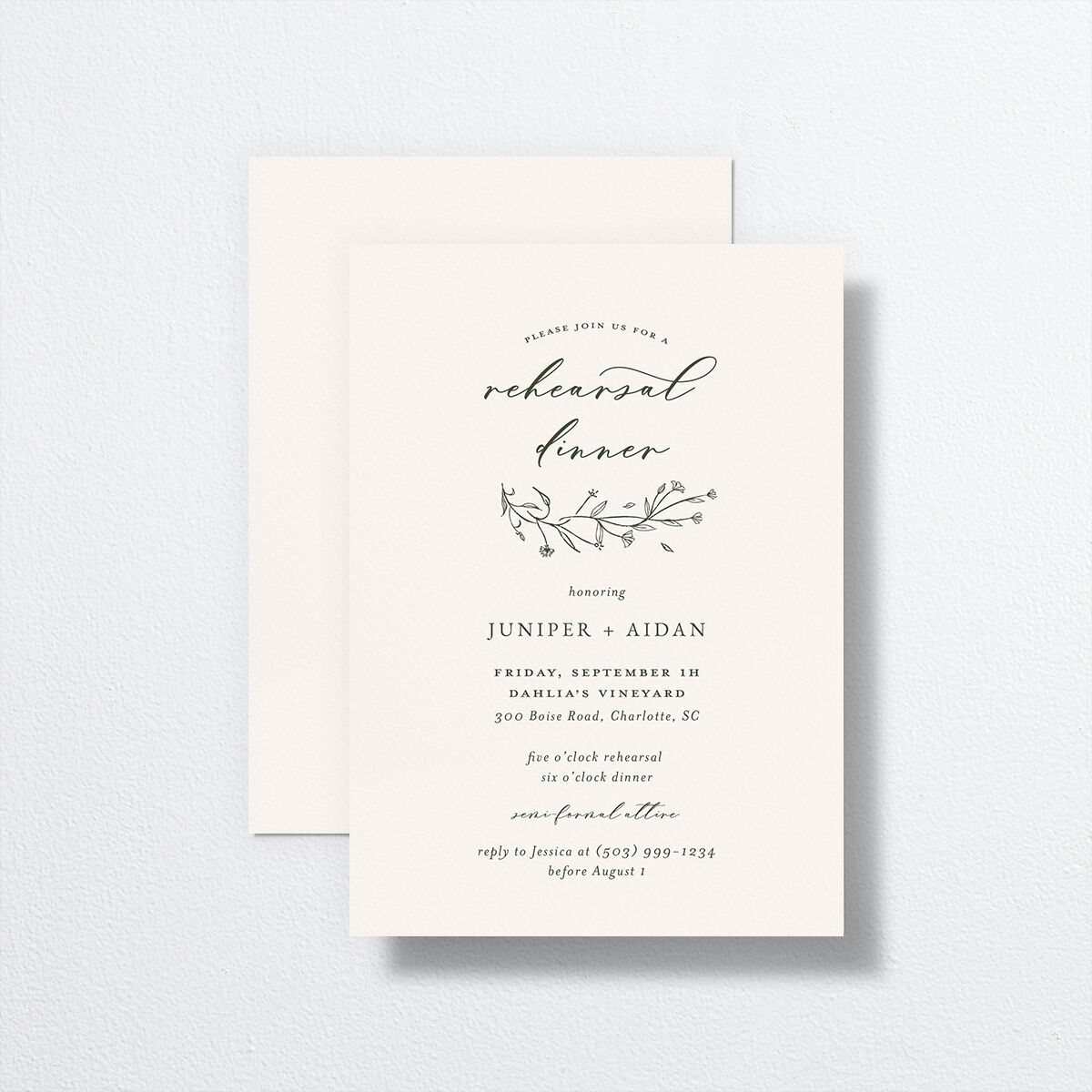 Gilded Monogram Rehearsal Dinner Invitations front-and-back in green