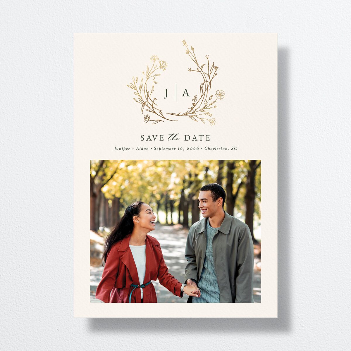 Gilded Monogram Save The Date Cards Gold Dark Camo Signature smooth No Standard