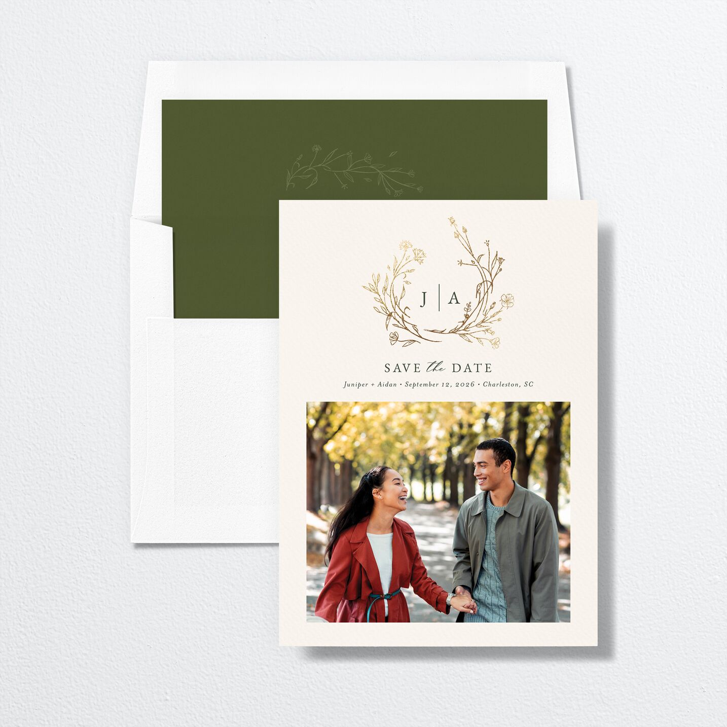 Gilded Monogram Save The Date Cards envelope-and-liner in green