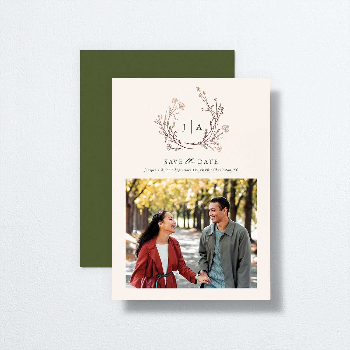 Gilded Monogram Save The Date Cards front-and-back