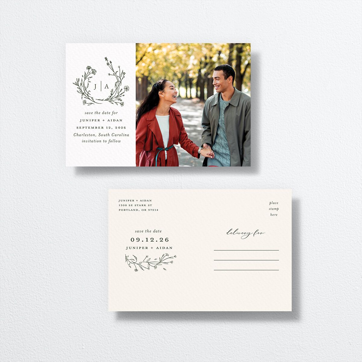 Gilded Monogram Save The Date Postcards  front-and-back in green