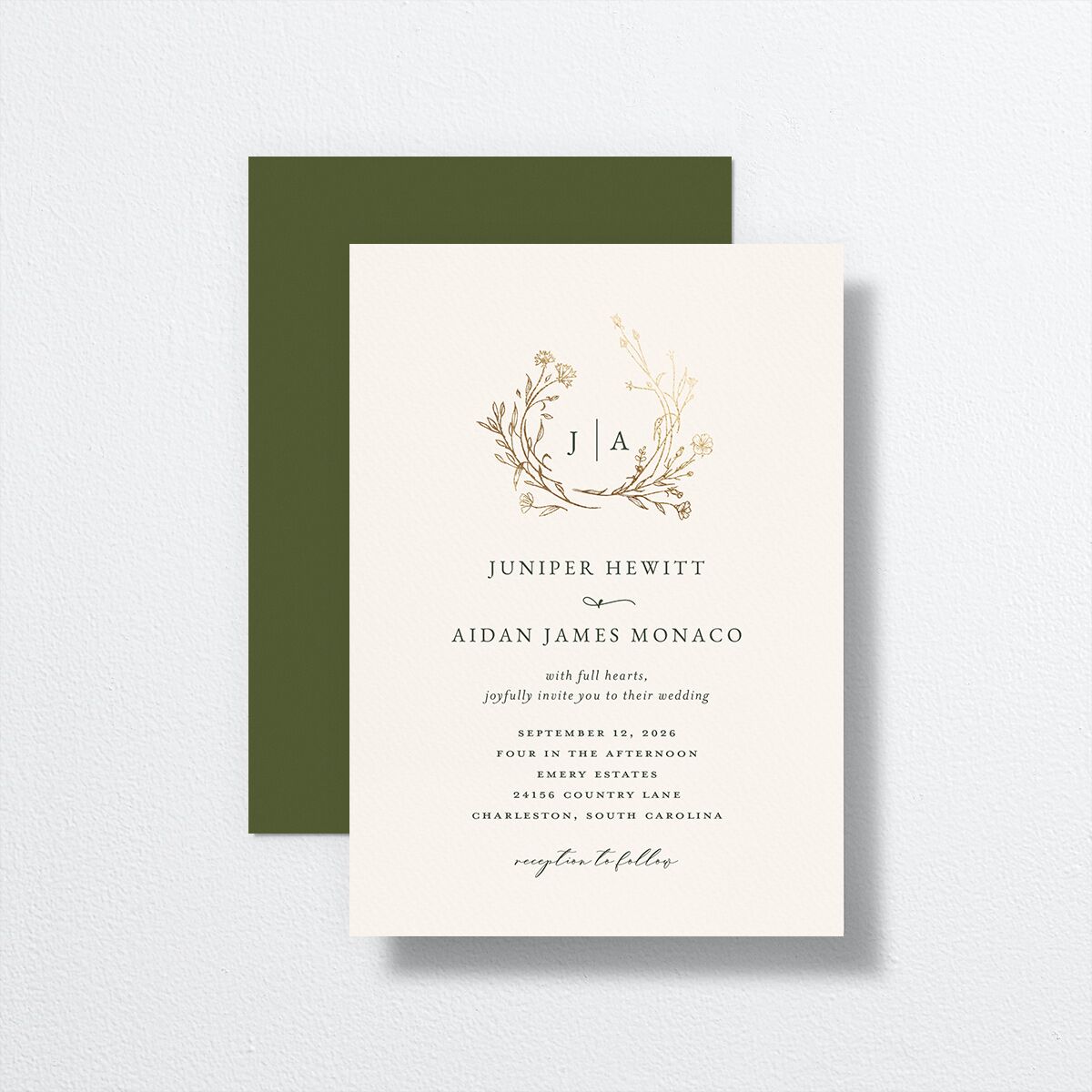 Gilded Monogram Wedding Invitations front-and-back in green