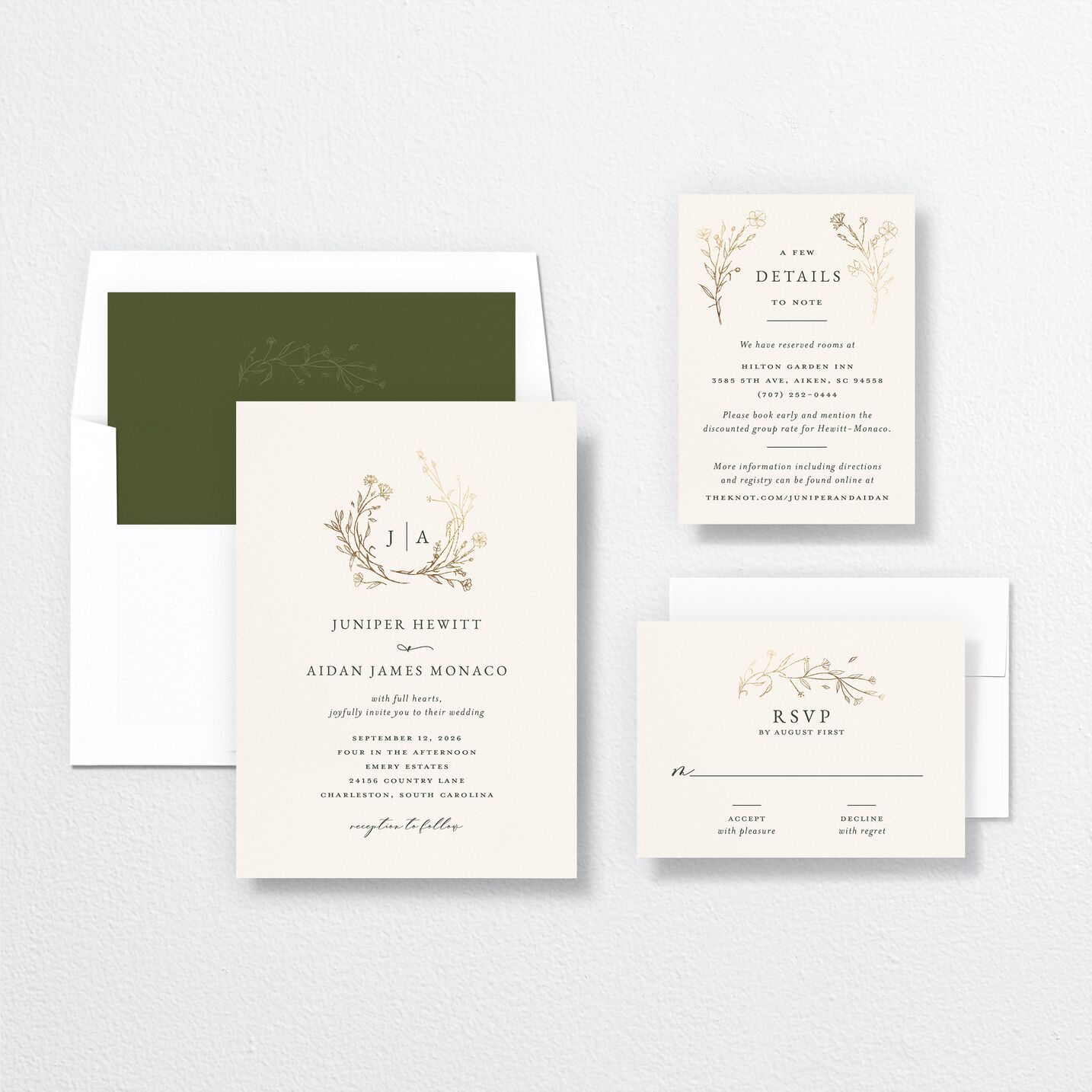 Gilded Monogram Wedding Invitations suite in green