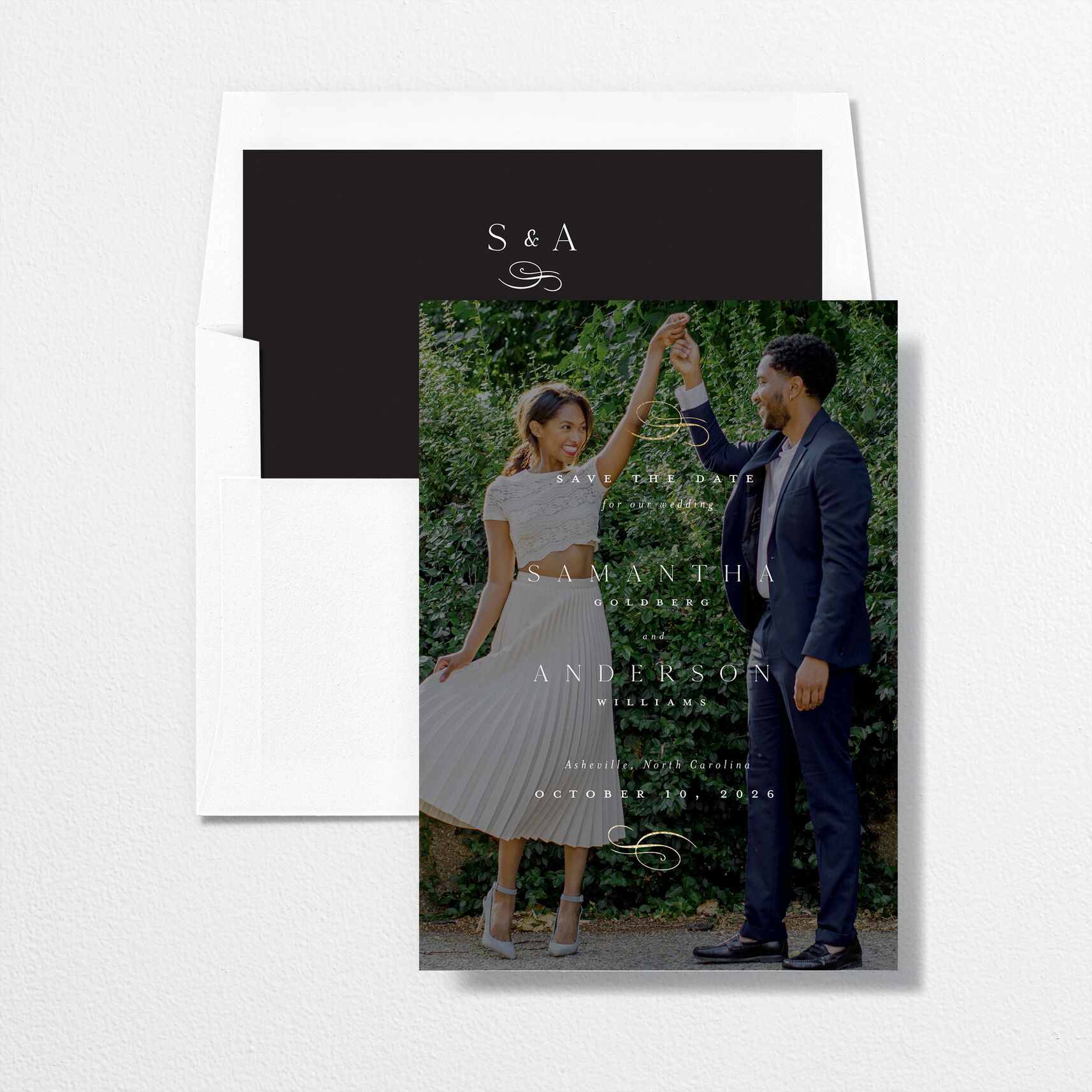 Flourishing Love Save The Date Cards envelope-and-liner in white