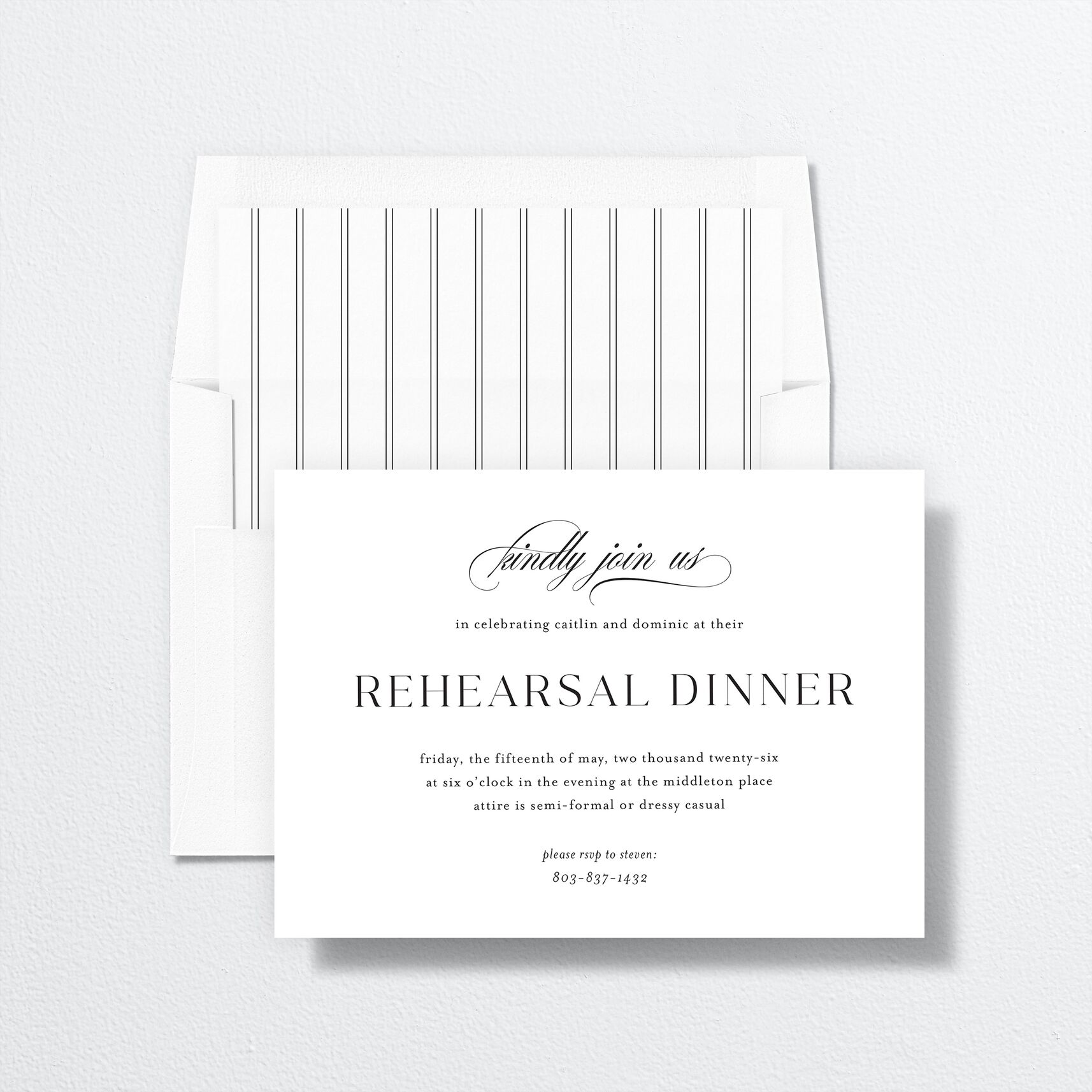 Classic Flourish Rehearsal Dinner Invitations envelope-and-liner in white