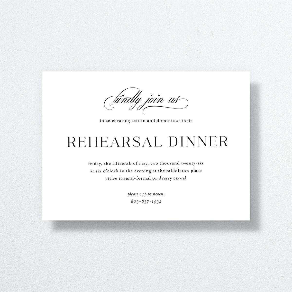 Classic Flourish Rehearsal Dinner Invitations front in white