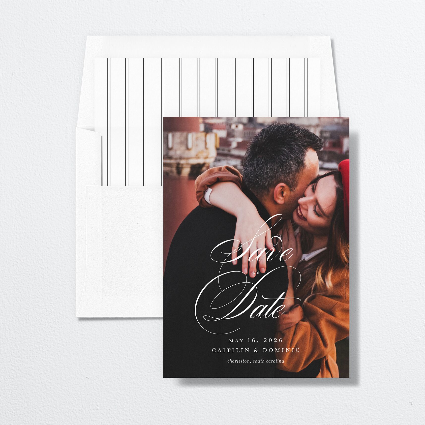 Classic Flourish Save The Date Cards envelope-and-liner in white