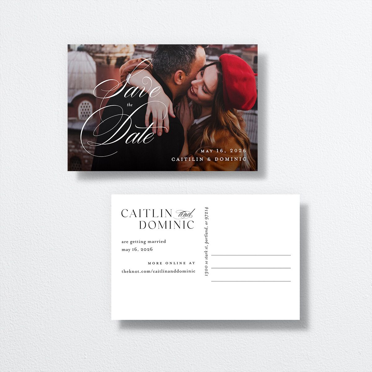 Classic Flourish Save The Date Postcards front-and-back in white