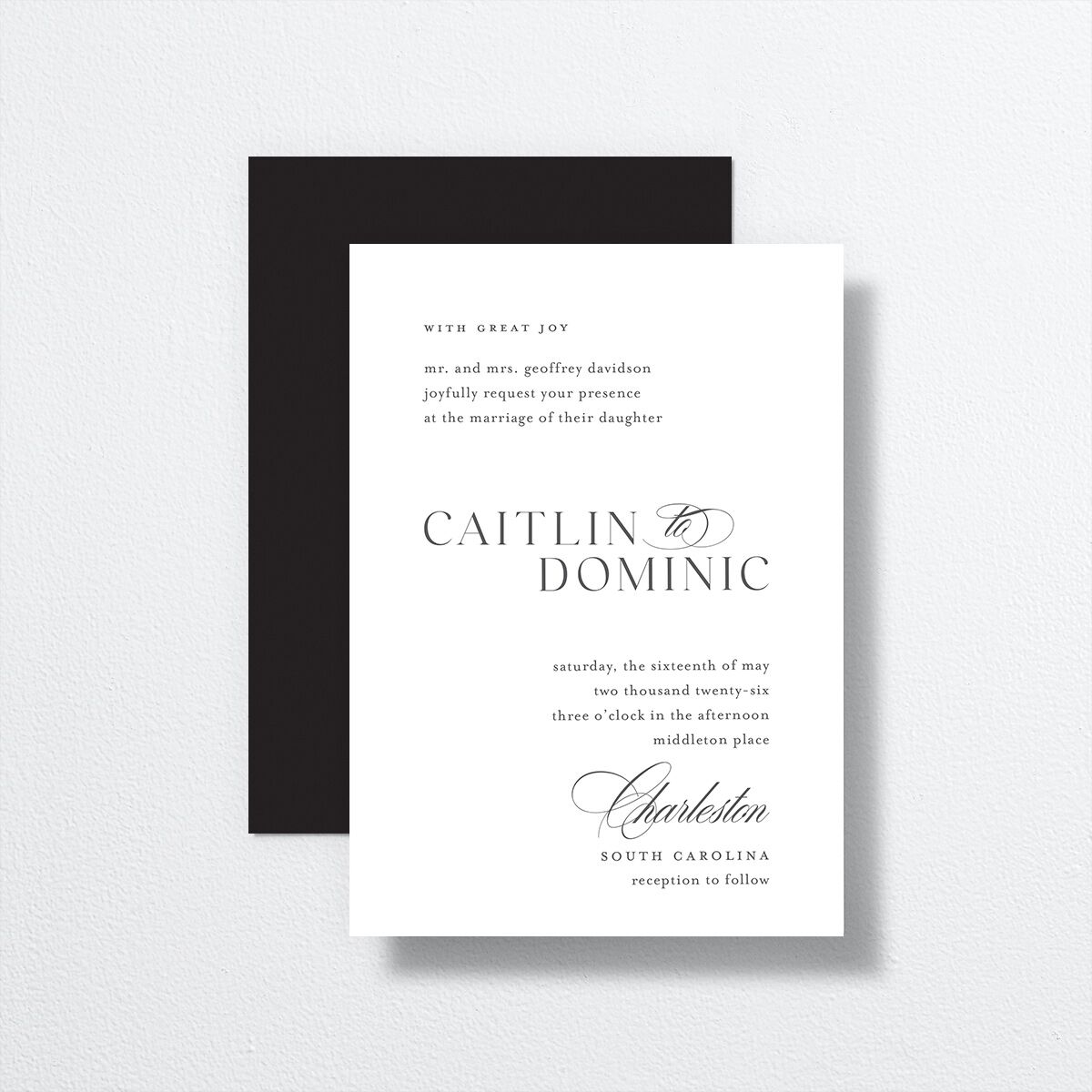 Classic Flourish Wedding Invitations front-and-back in white