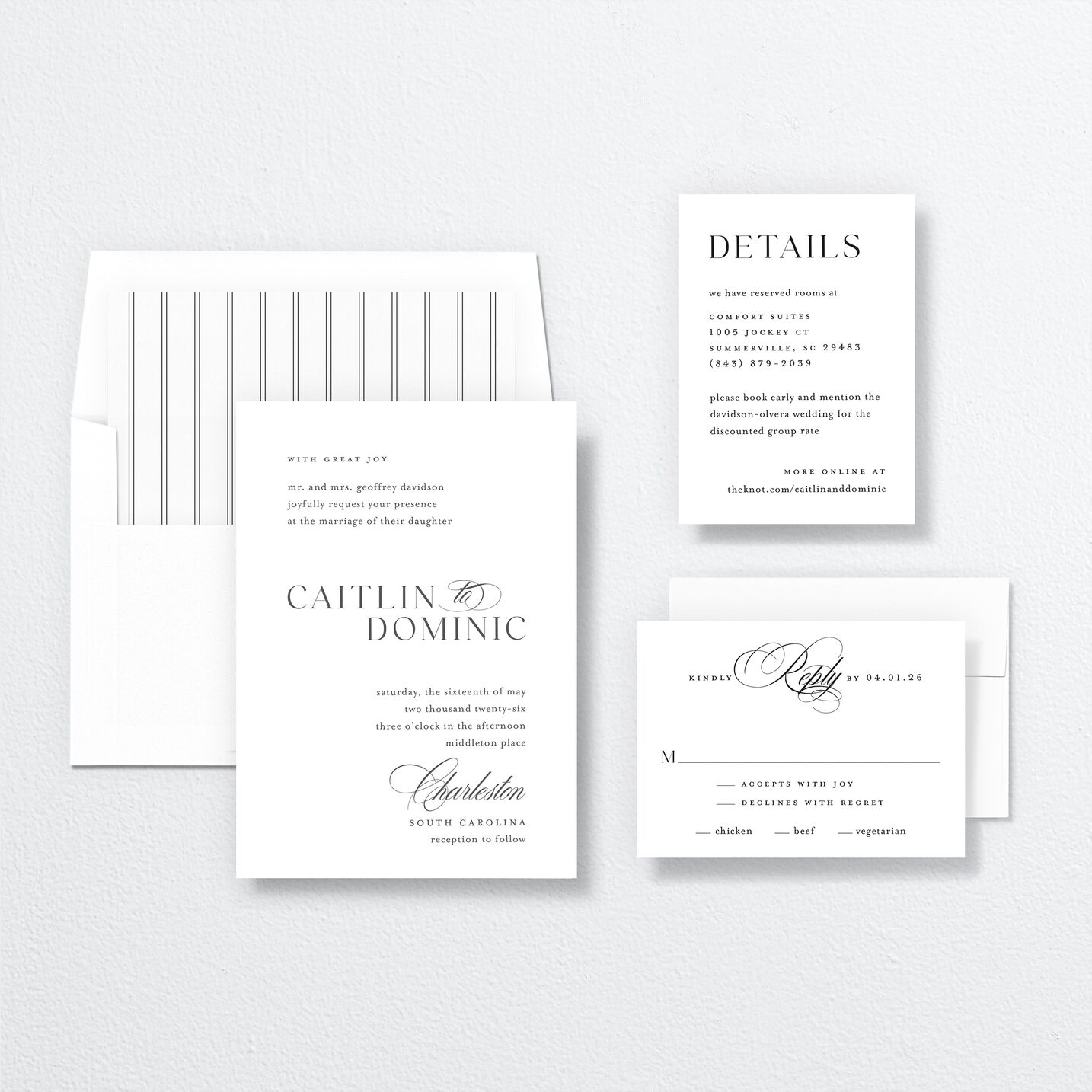 Classic Flourish Wedding Invitations suite in white