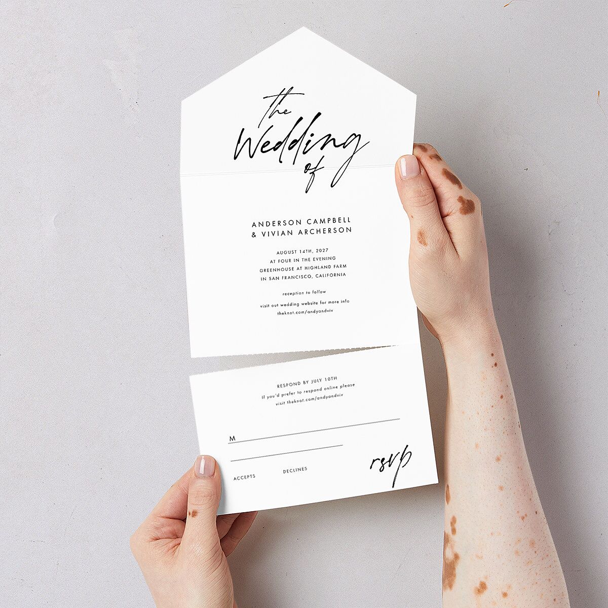 Simply Script All-in-One Wedding Invitations Pure White Signature Light Both Recipient and Return Addresses No
