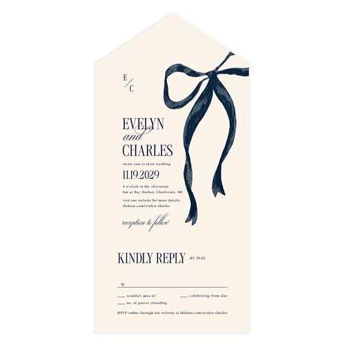 Whimsical Hand Drawn Bow All-in-One Wedding Invitations Moody Blue Signature Light Both Recipient and Return Addresses No