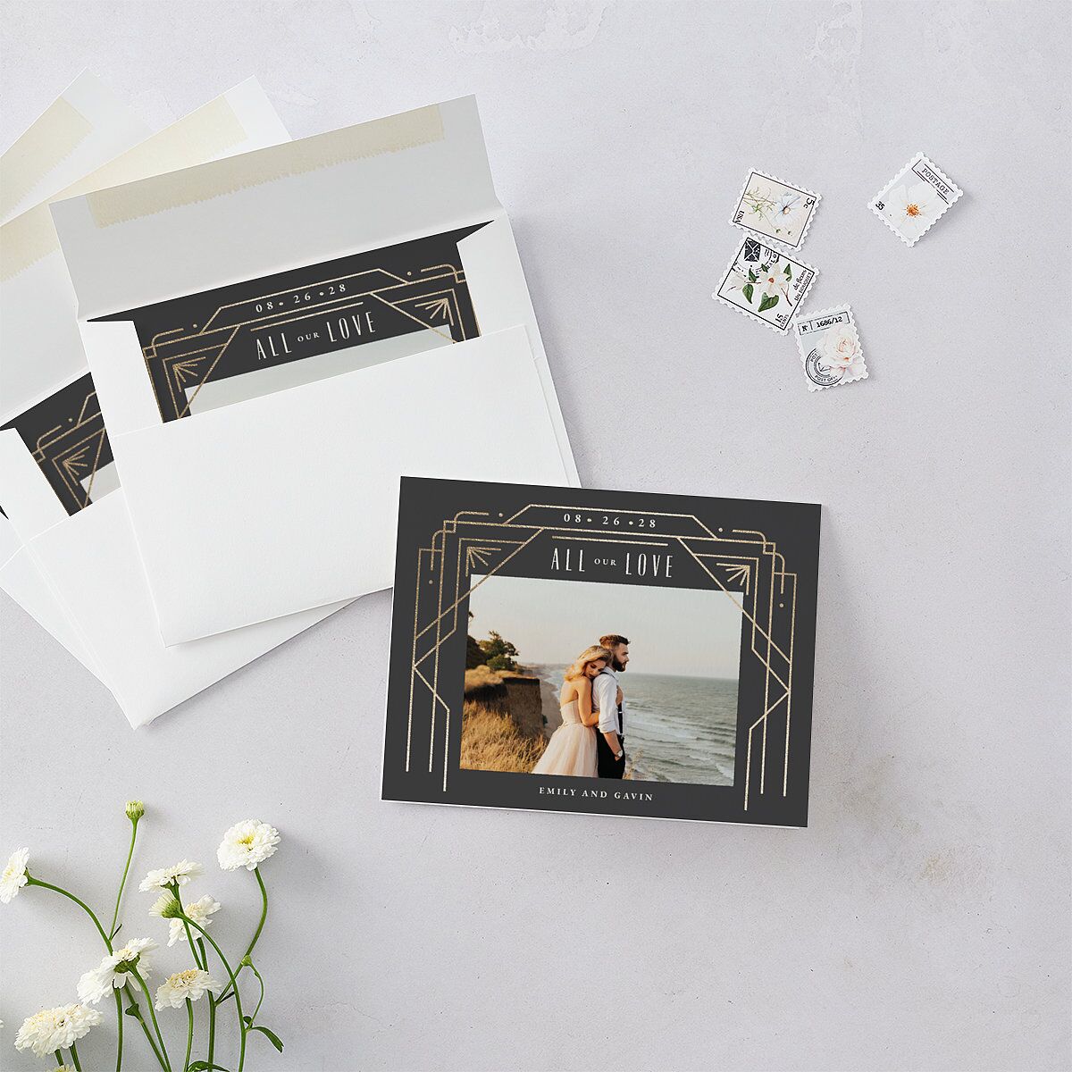 Vintage Deco Thank You Cards Gold Charcoal