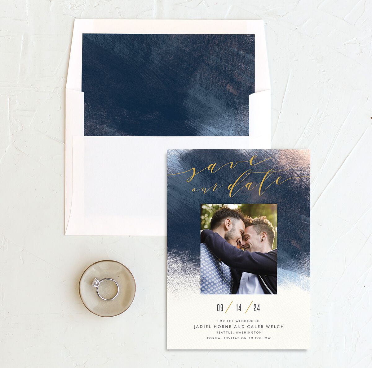 Modern Brush Save The Date Cards Dark Navy Signature smooth Blank No