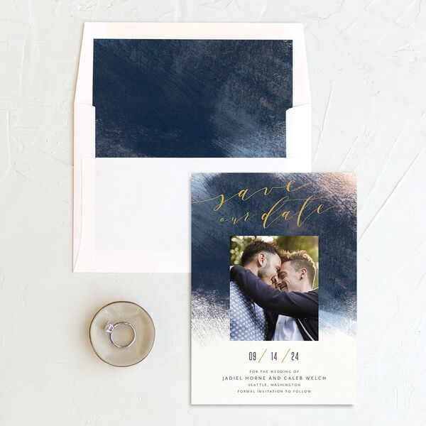 Modern Brush Save The Date Cards Dark Navy Signature smooth Blank No