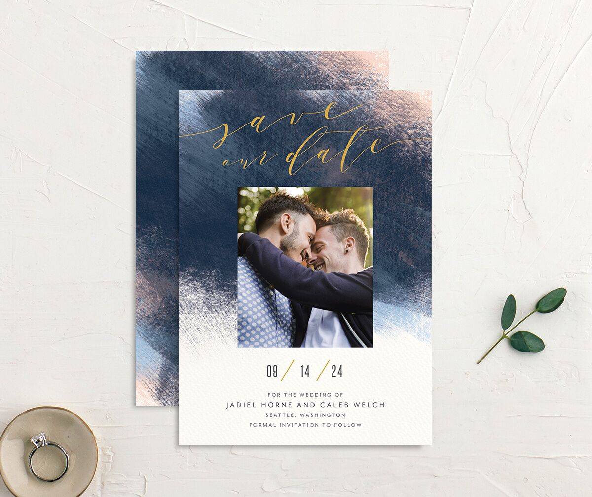 Modern Brush Save The Date Cards Dark Navy Signature smooth Blank No