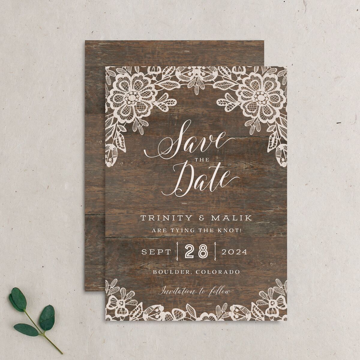 Woodgrain Lace Save The Date Cards Unpublished Falcon Signature smooth No