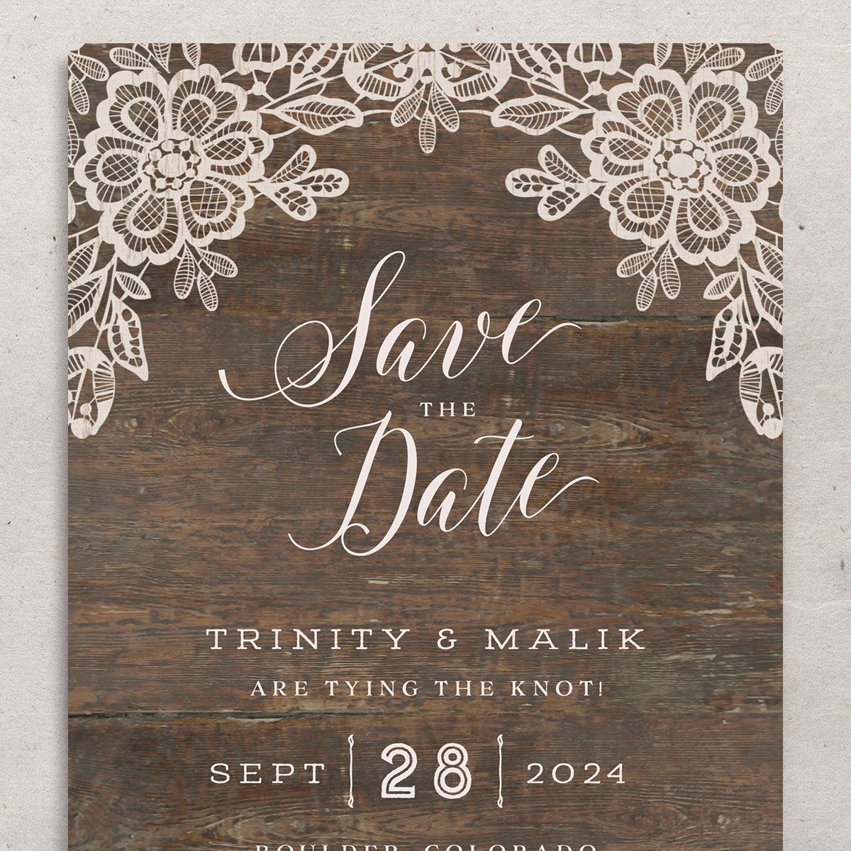 Woodgrain Lace Save The Date Cards Unpublished Falcon Signature smooth No