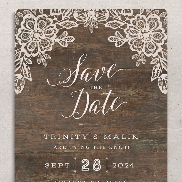 Woodgrain Lace Save The Date Cards Unpublished Falcon Signature smooth No