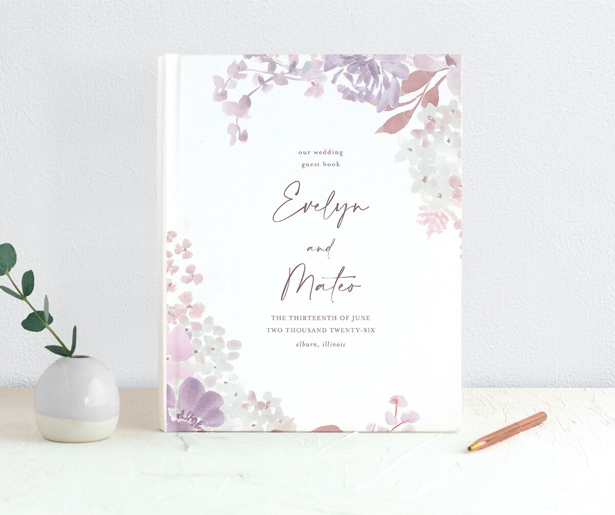 Hydrangea Garden Wedding Guest Book front in purple