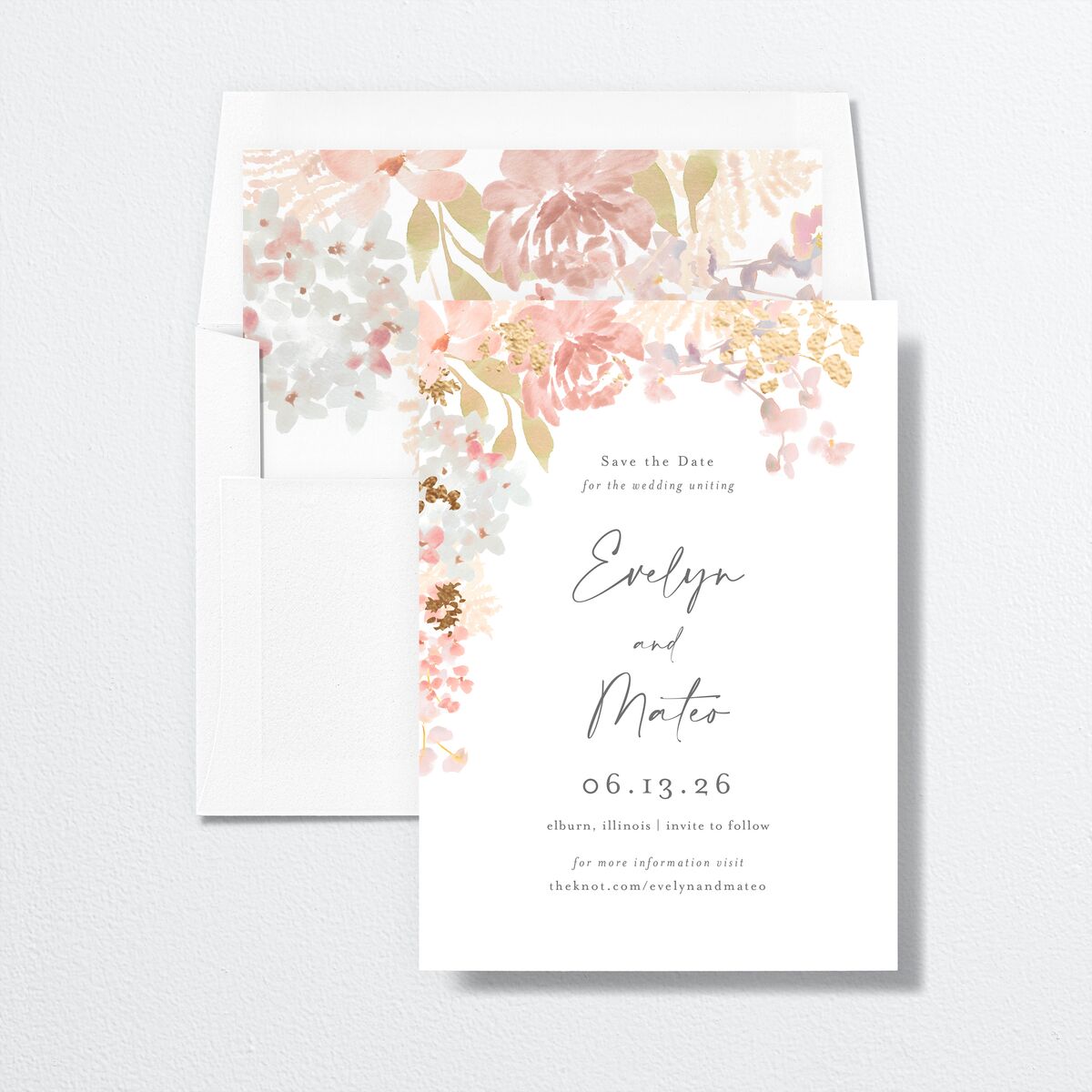 Hydrangea Garden Save The Date Cards Gold Pink Cotton Signature smooth No