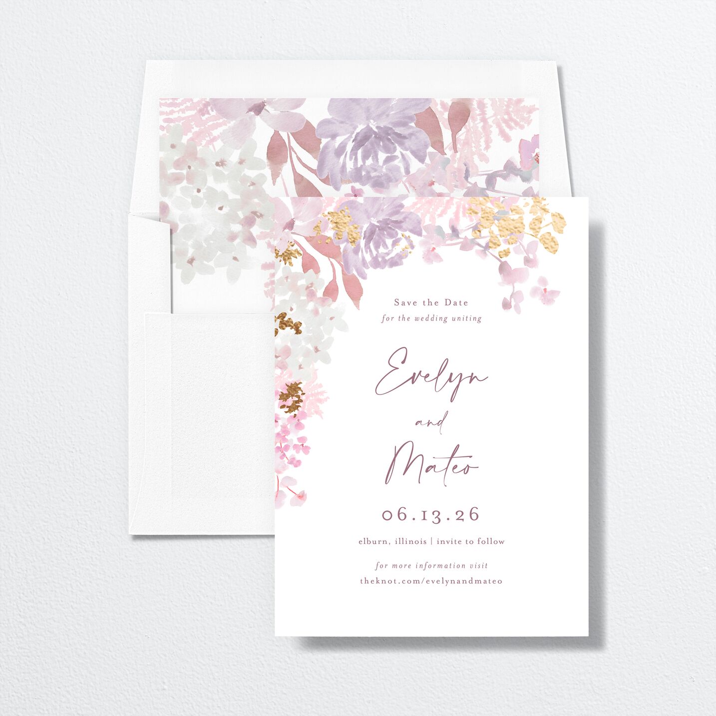 Hydrangea Garden Save The Date Cards envelope-and-liner in purple