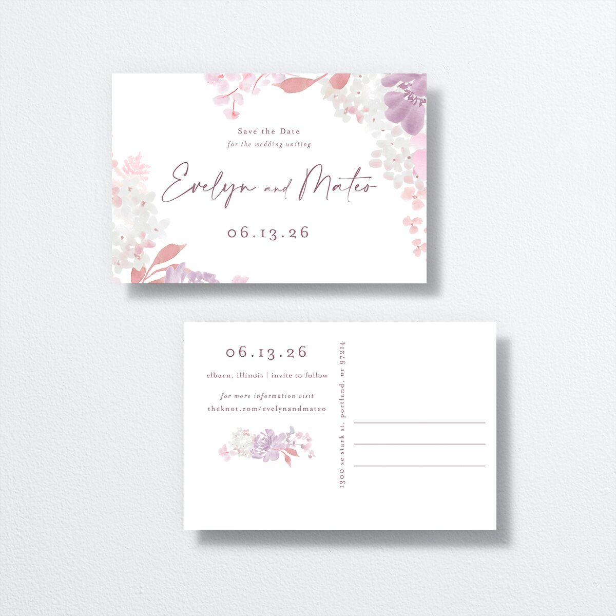 Hydrangea Garden Save The Date Postcards front-and-back in purple