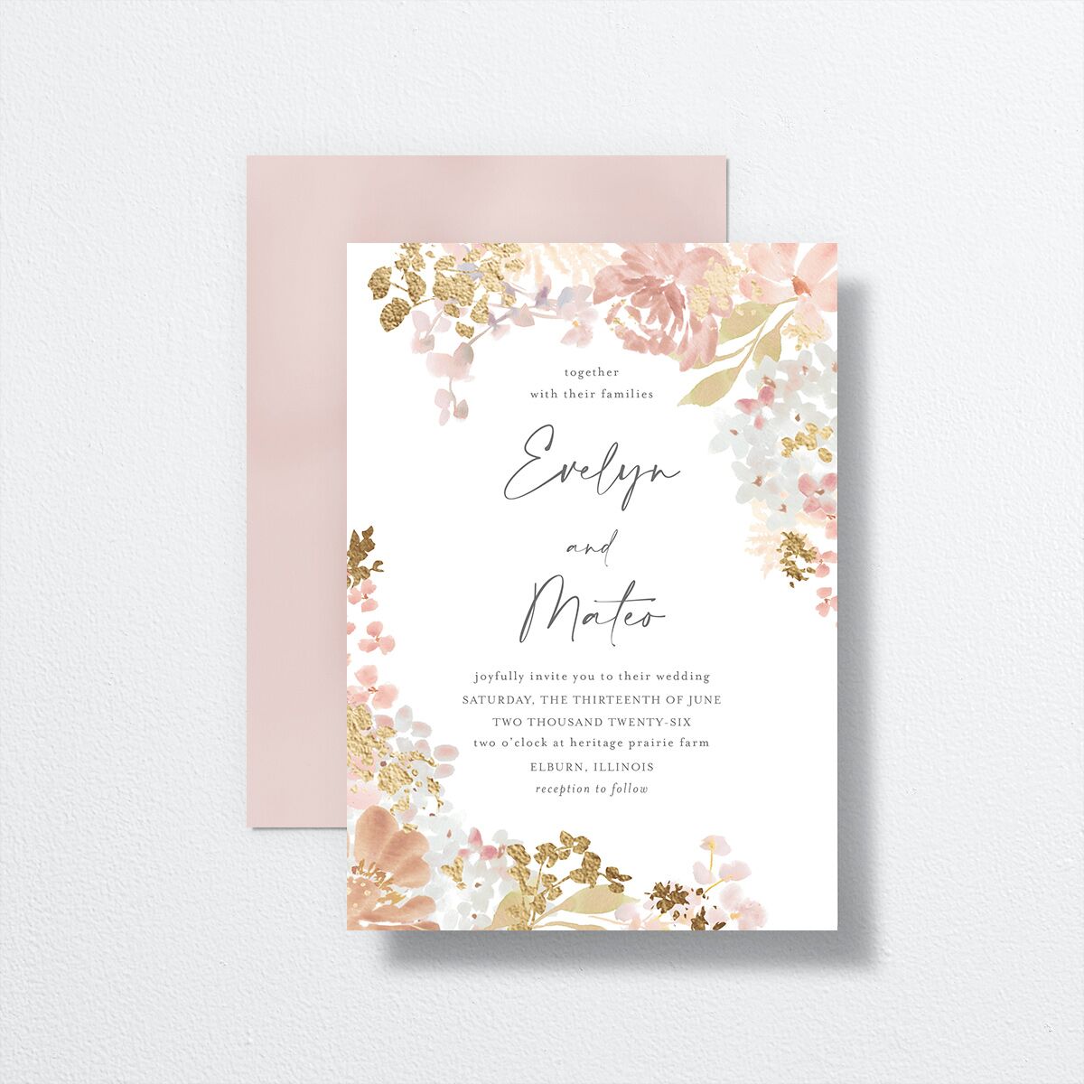 Hydrangea Garden Wedding Invitations front-and-back in pink