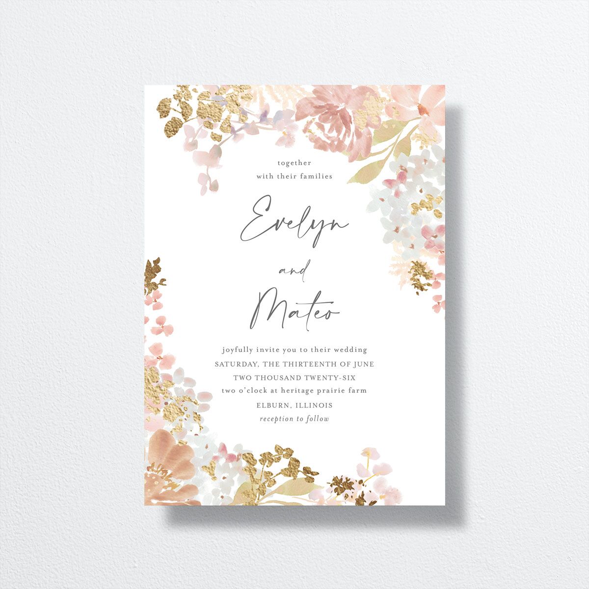 Hydrangea Garden Wedding Invitations Gold Pink Cotton Signature No