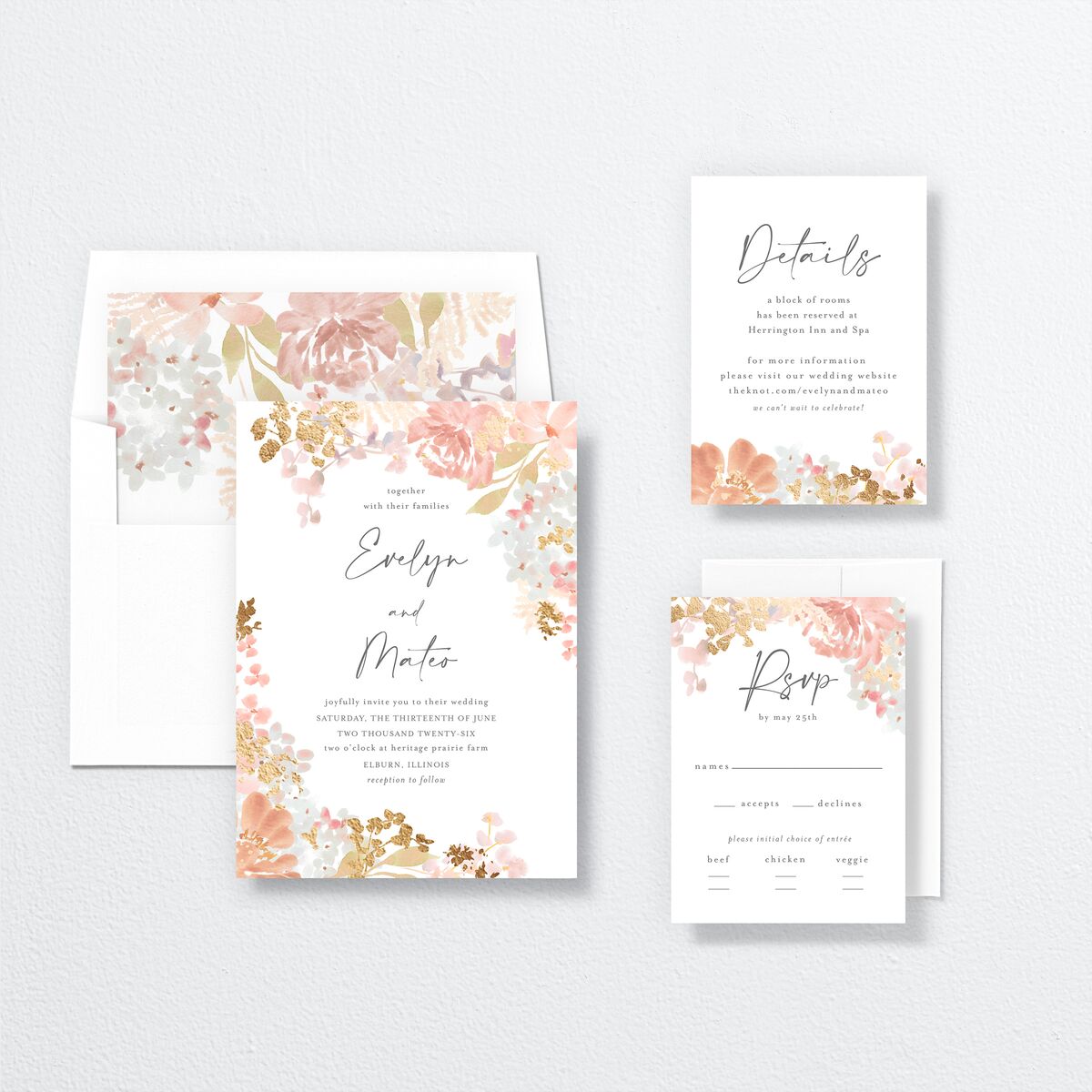 Hydrangea Garden Wedding Invitations Gold Pink Cotton Signature No