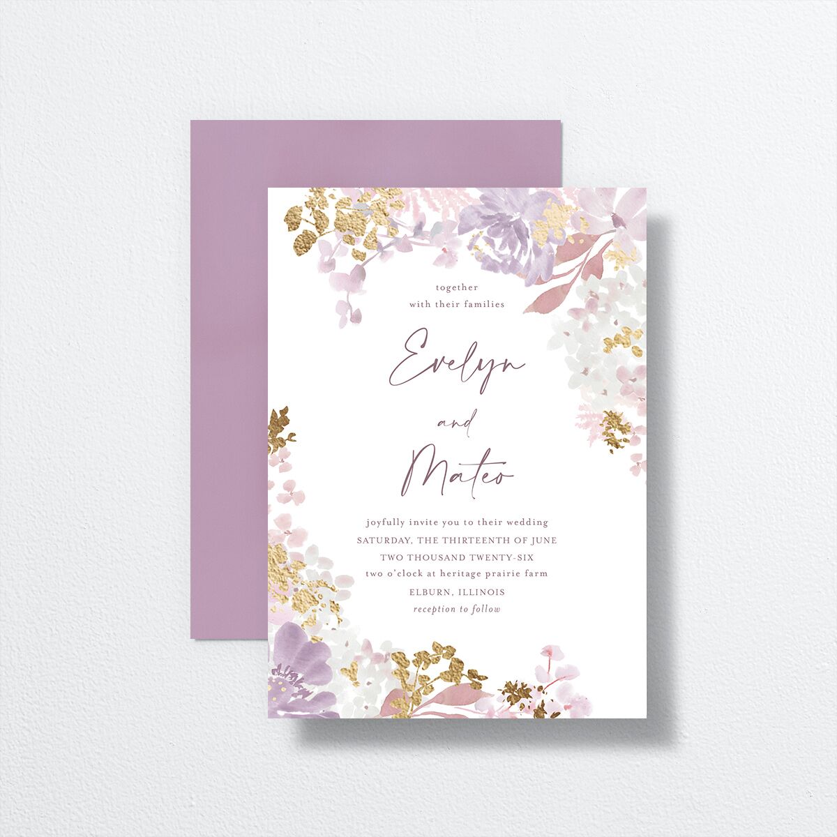 Hydrangea Garden Wedding Invitations front-and-back in purple