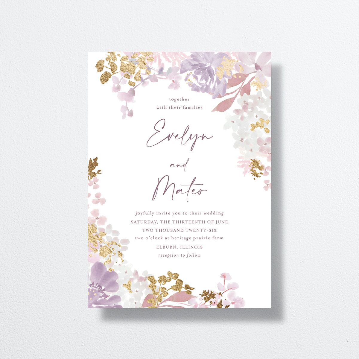 Hydrangea Garden Wedding Invitations front in purple