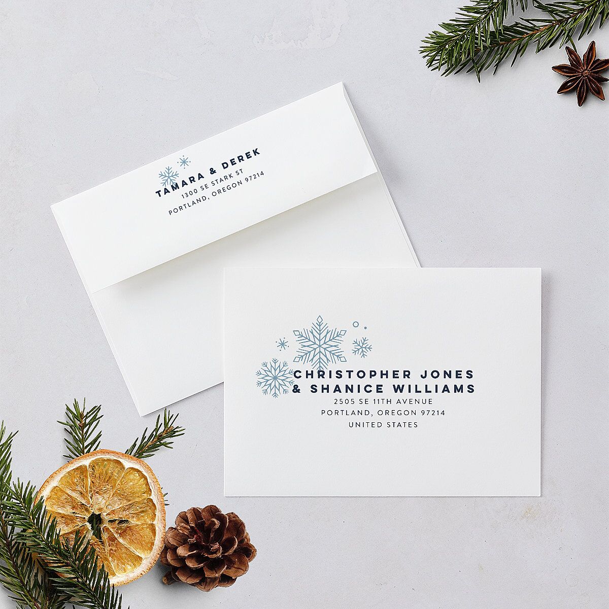 Snowflake Window Holiday Cards Gold Moody Blue Signature Blank Standard Landscape