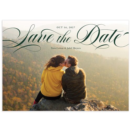 Landscape Calligraphy Save the Date Cards Dark Green Signature smooth No