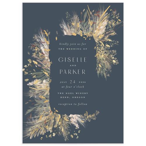 Ethereal Pampas Wedding Invitations Gold Dark Navy Signature Blank No