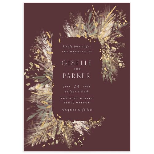 Ethereal Pampas Wedding Invitations Gold Burgundy Signature Blank No